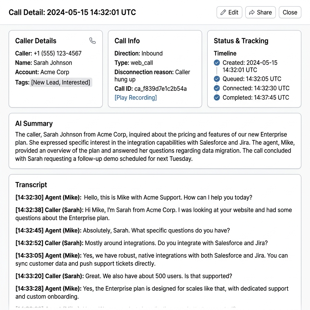 Expanded call details with AI summary and transcript