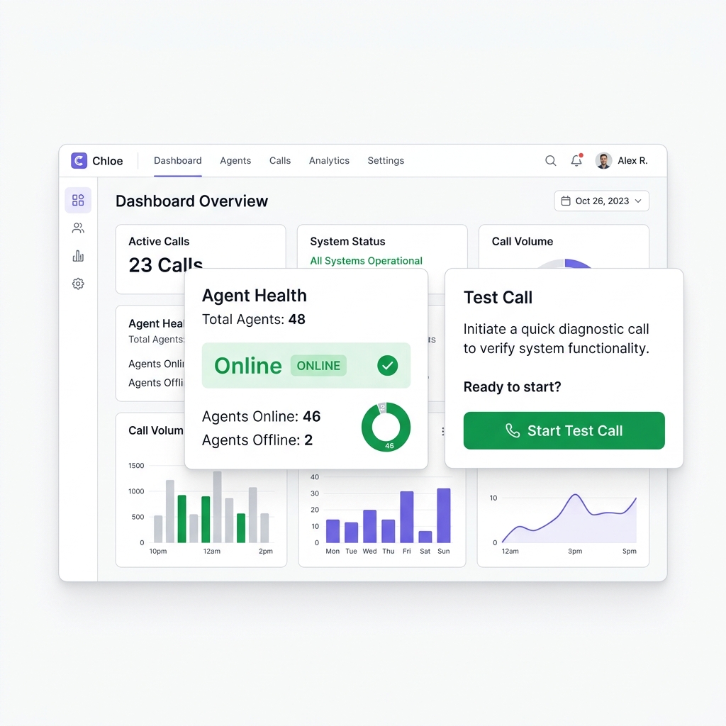 Dashboard overview showing agent health and test call